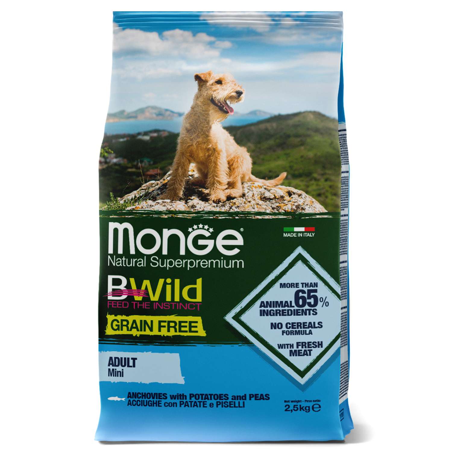 Корм для собак MONGE BWild Grain free Mini мелких пород из анчоуса с картофелем и горохом 2.5кг - фото 1