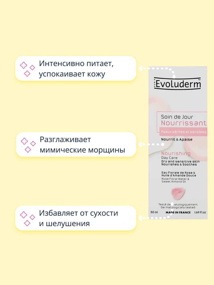 Крем для лица Evoluderm дневной с розовой водой и маслом сладкого миндаля питательный 50 мл - фото 3