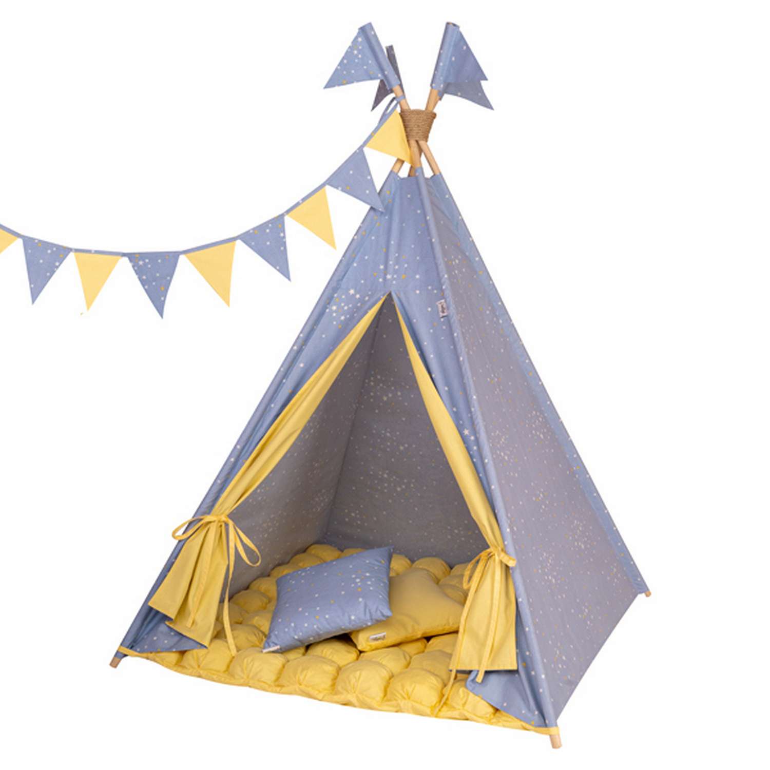 Детская игровая палатка вигвам Buklya Созвездие с ковриком бон-бон цв. голубой / желтый - фото 1