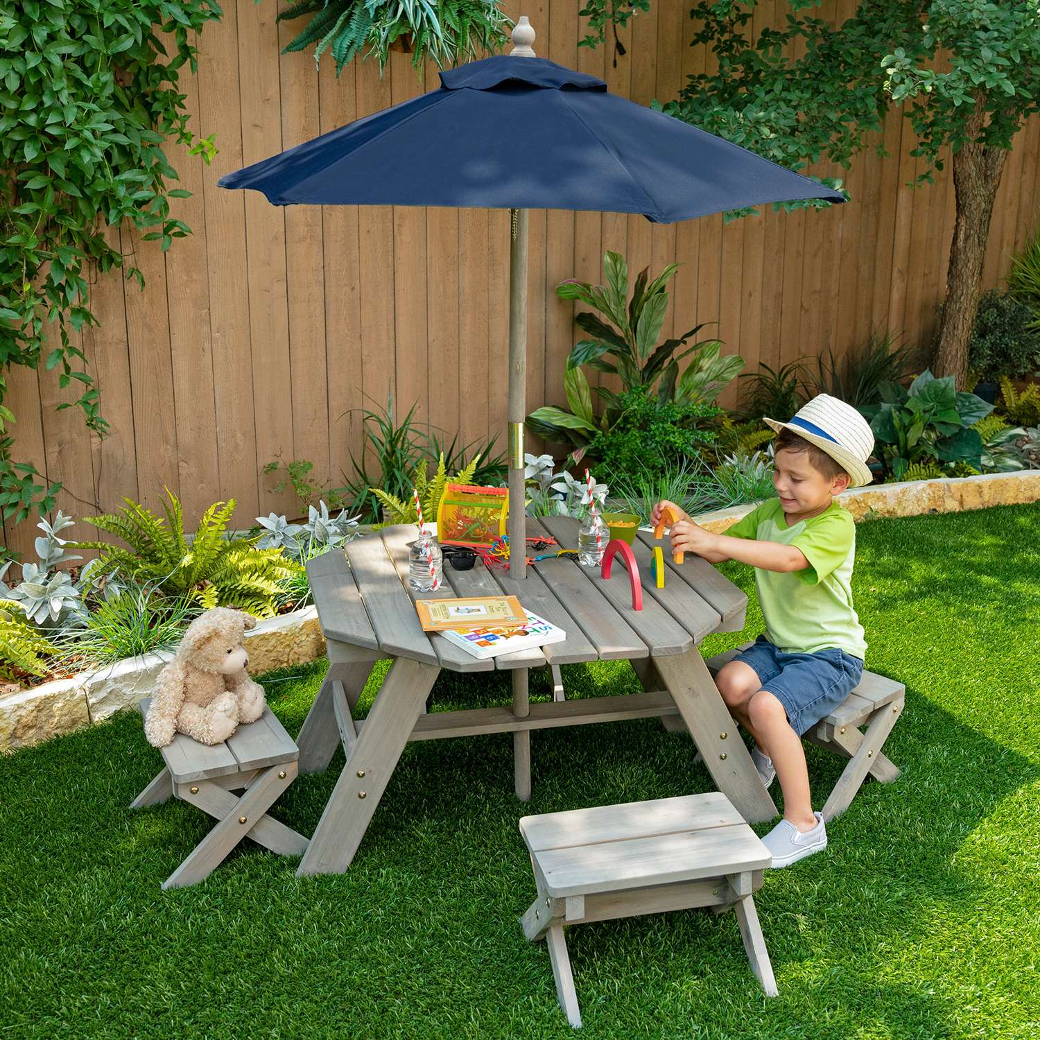 Детская садовая мебель KidKraft 4 скамьи стол-пикник зонт бежево-коричневый - фото 2