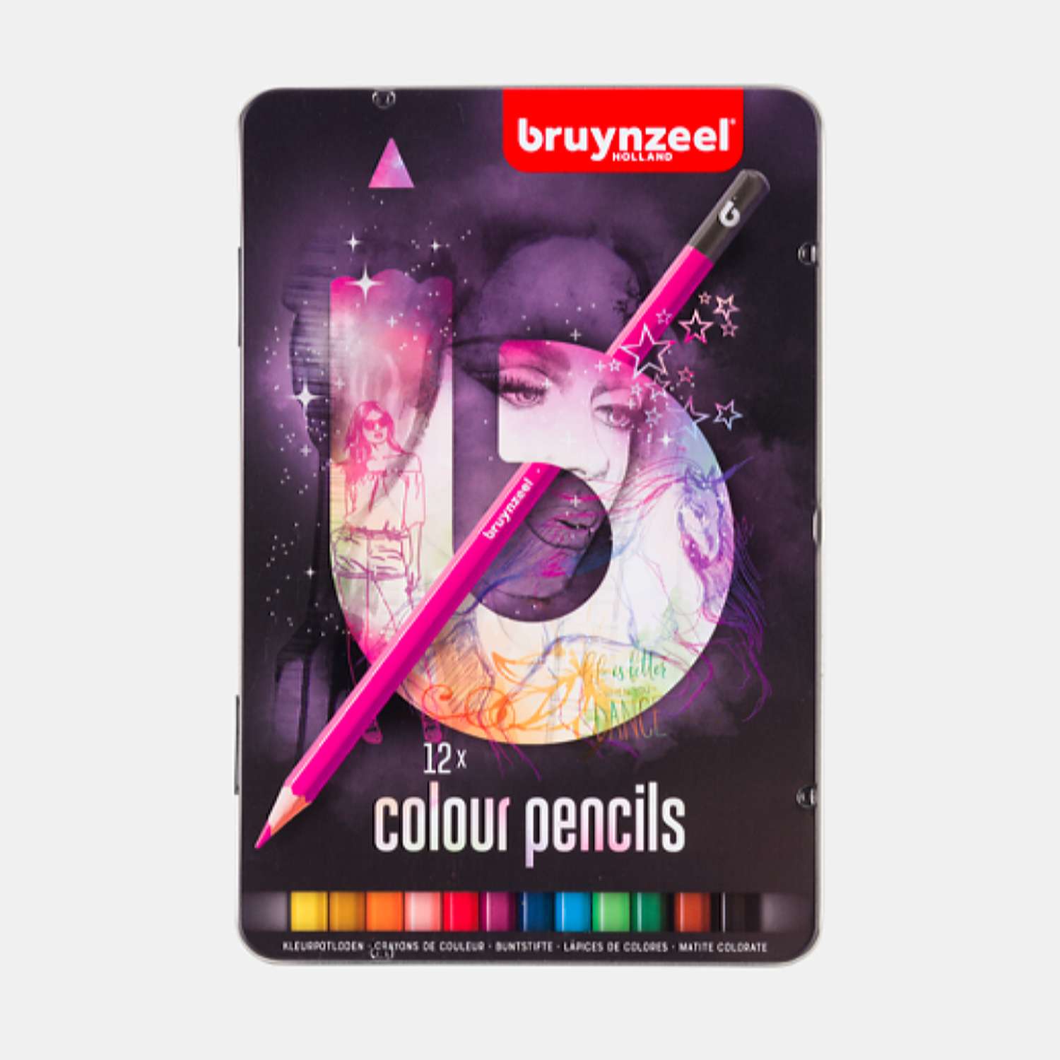 Набор цветных карандашей BRUYNZEEL Teen 12 цветов в розовом металлическом коробе-пенале - фото 1