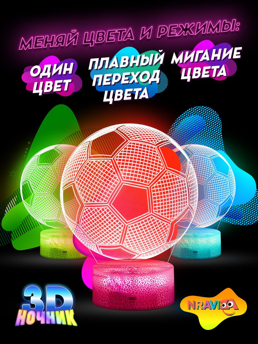 Детский 3d ночник - проектор NRAVIZA Детям Футбольный мяч с пультом управления на батарейках - фото 5