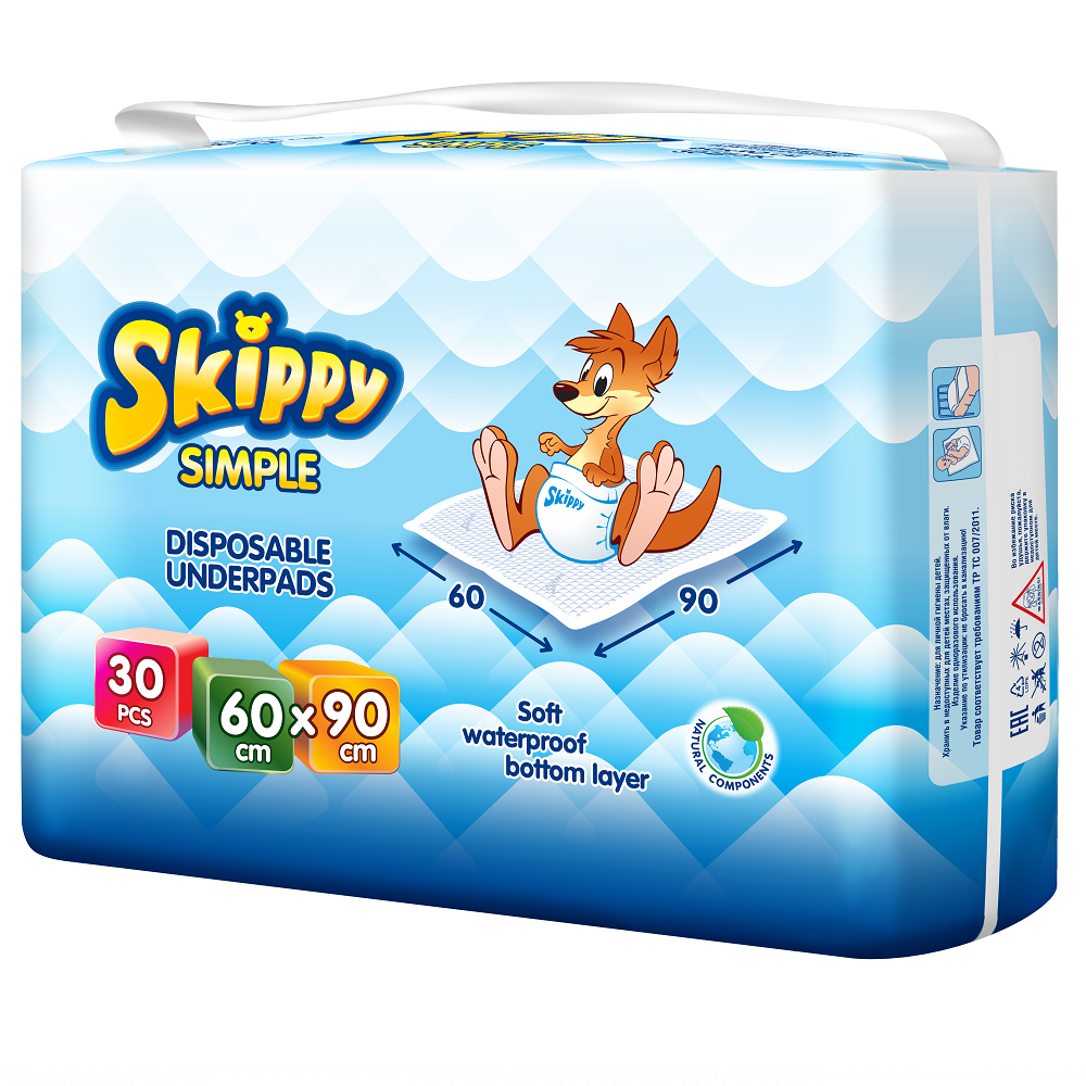 Пеленки Skippy детские гигиенические впитывающие Simple 60x90 30 шт 8034 - фото 1