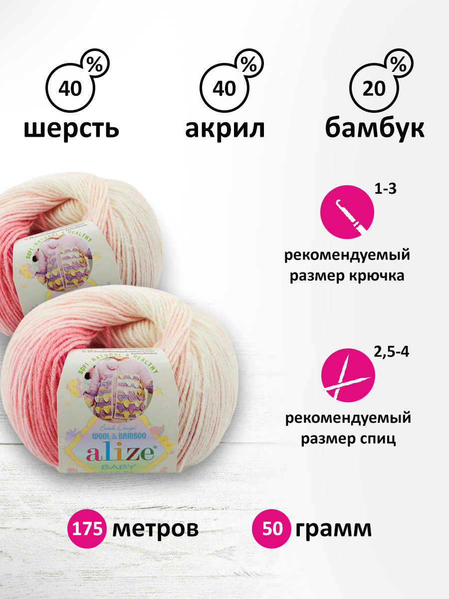 Пряжа для вязания Alize baby wool batik бамбук шерсть акрил 50 гр 175 м 2164 секционный 10 мотков - фото 2