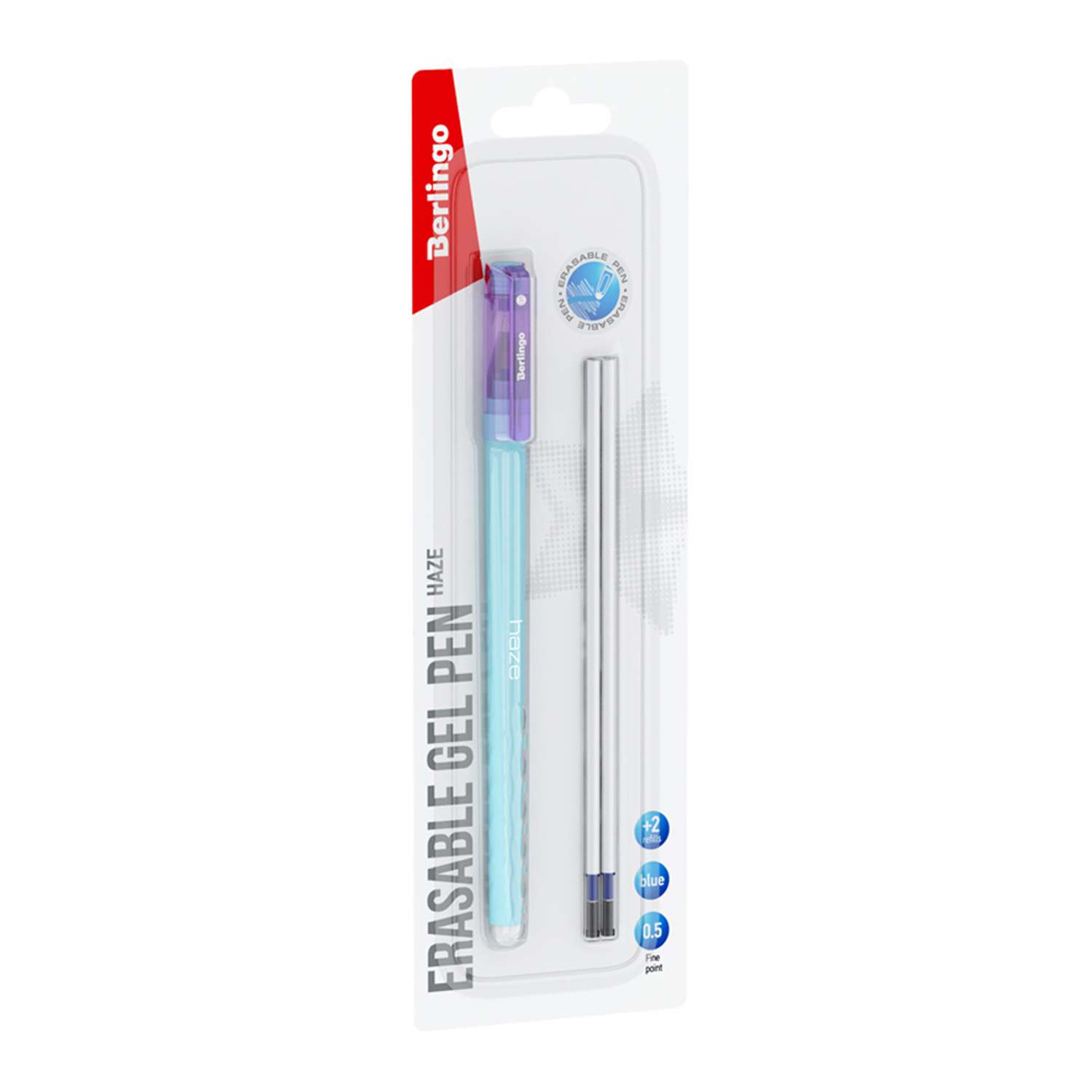 Ручка гелевая стираемая Berlingo Haze синяя +2 сменных стержня 0.5 мм прорезиненный голубой корпус - фото 1