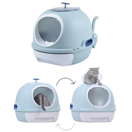 Туалет-домик для кошек Stefan с двумя люками и выдвижным поддоном размер 54х46х44 серо-голубой