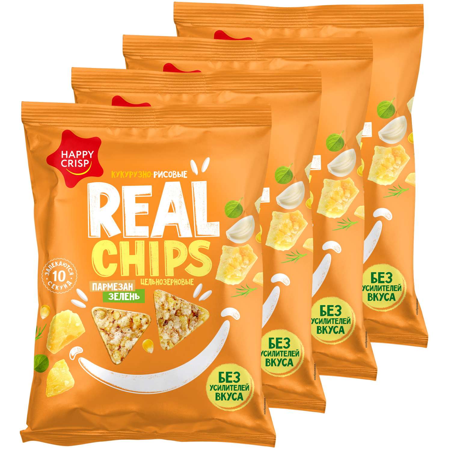 Чипсы цельнозерновые Happy Crisp кукурузно-рисовые Real Chips пармезан с чесноком и зеленью 4 шт по 50 г - фото 1