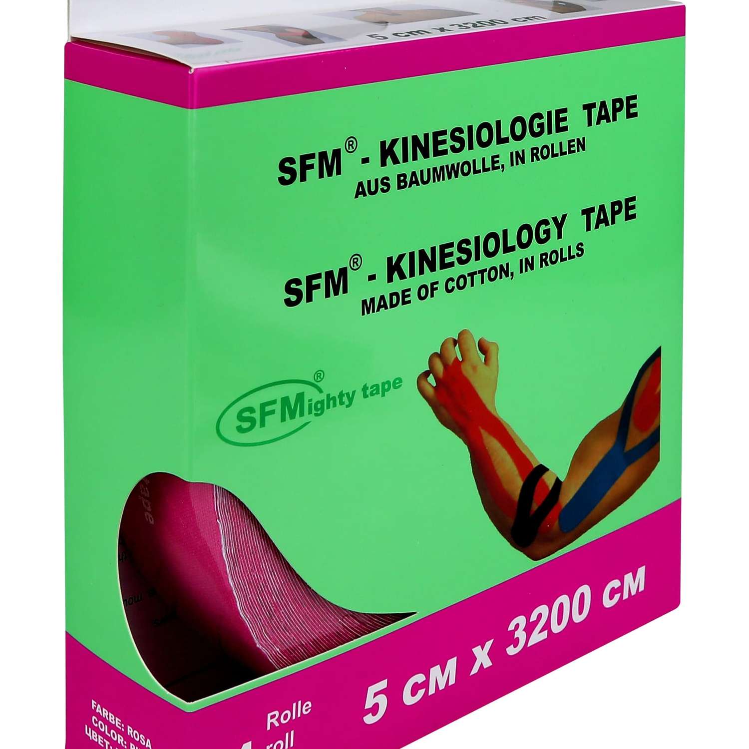 Кинезиотейп SFM Hospital Products Plaster на хлопковой основе 5х3200 см розового цвета в диспенсере с логотипом - фото 1