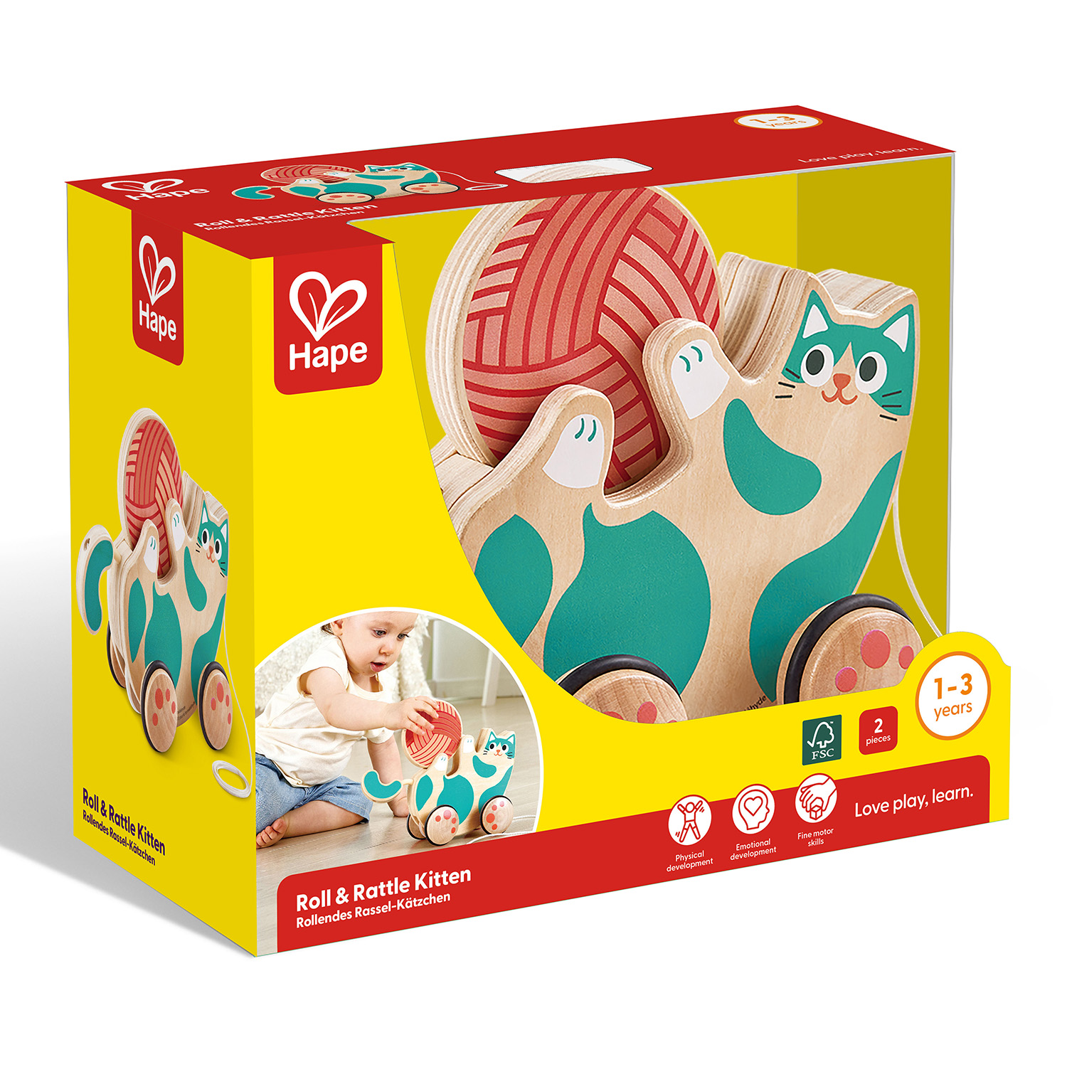Игрушка для малышей каталка Hape погремушка Игривый котенок E0366_HP - фото 10