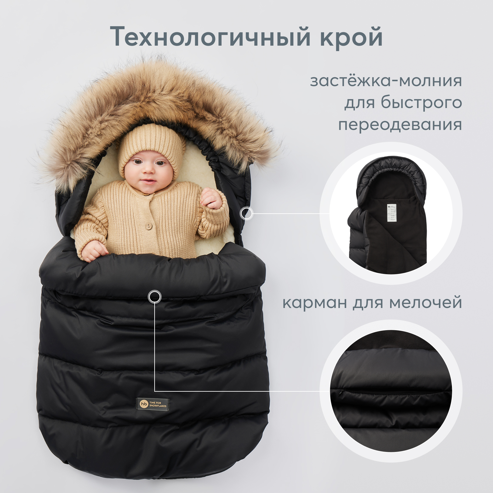 Конверт в коляску Happy Baby с меховым вкладышем черный - фото 6