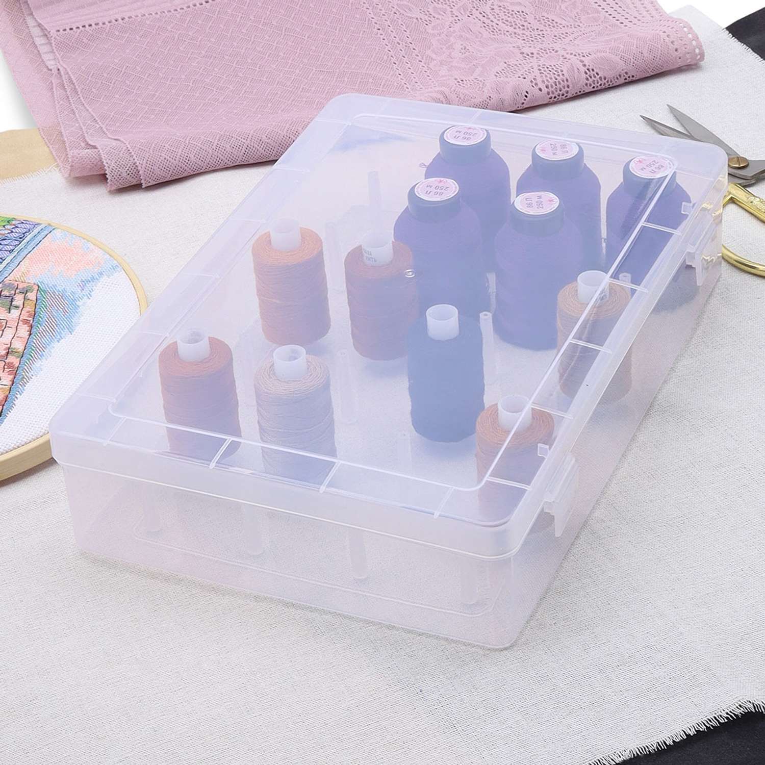 Контейнер - органайзер Айрис пластиковый для хранения катушек с нитками с крышкой на клипсе 24 секции 30 х 20 х 6.3 см - фото 5