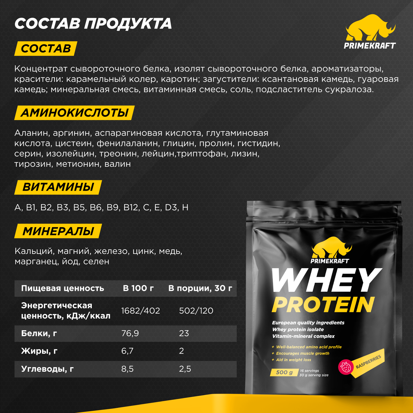 Протеин WHEY Prime Kraft малина 500г - фото 4