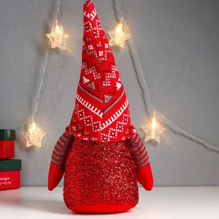 Кукла интерьерная Зимнее волшебство «Дед Мороз светящийся нос в красном колпаке с узорами» 33х17х12 см