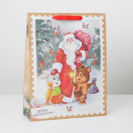 Пакет Дарите Счастье крафтовый вертикальный «Дедушка мороз и зверята». L 31×40×11.5 см