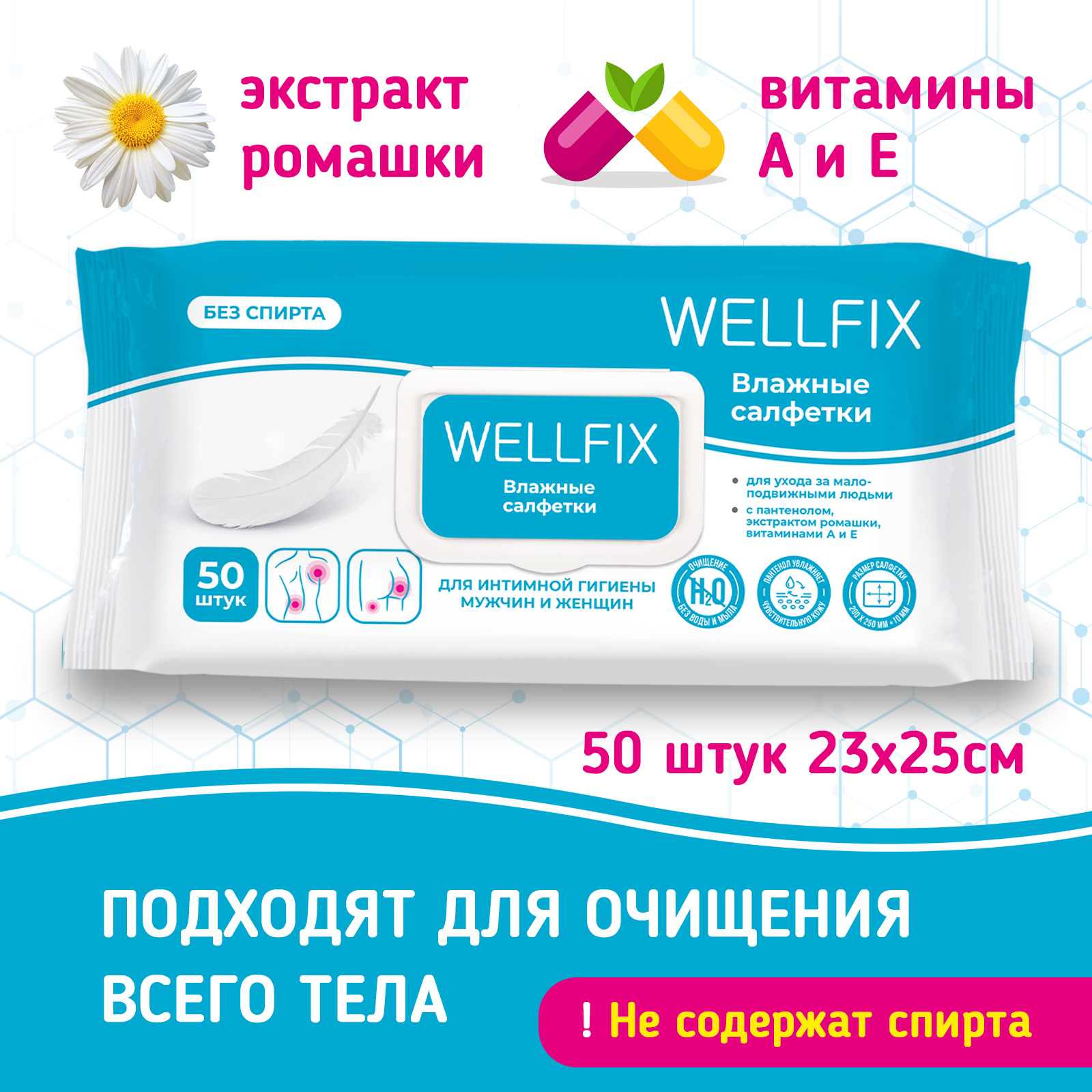 Влажные салфетки Wellfix для интимной гигиены 23х25 см для женщин и мужчин 50 штук - фото 2