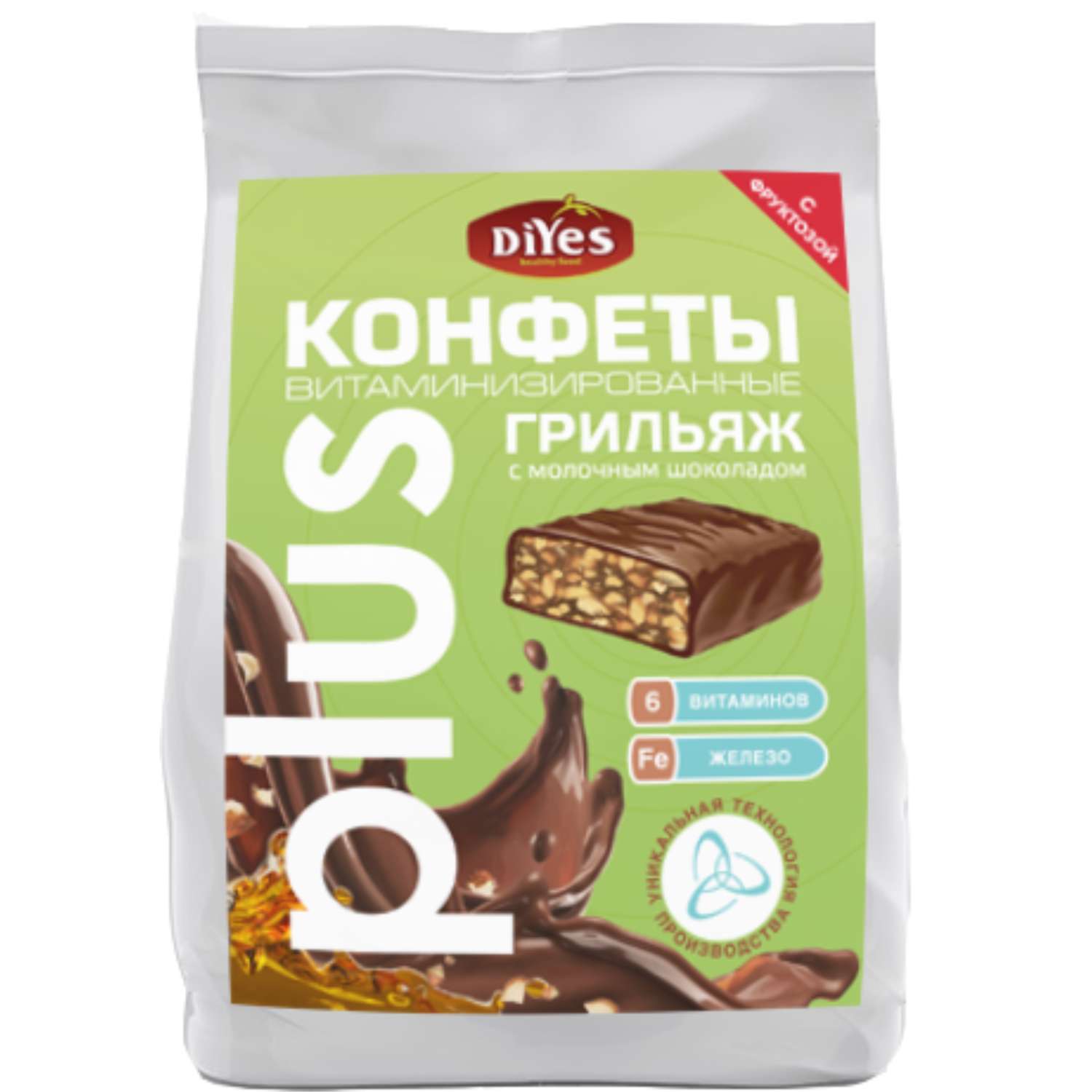 Конфеты DiYes грильяж в молочном шоколаде с витаминами и железом с фруктозой 180г - фото 1