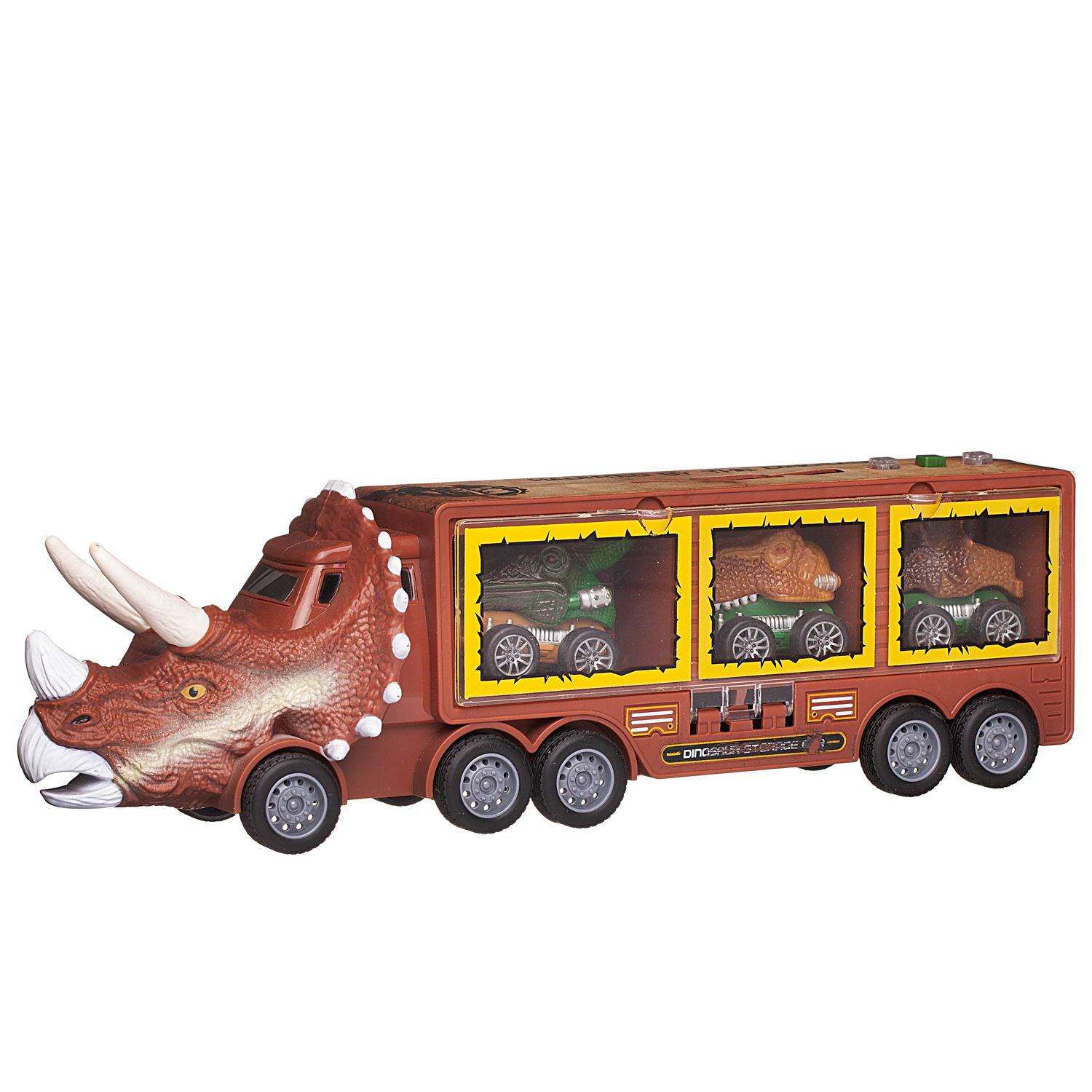 Игровой набор Junfa Автовоз динозавр коричневый с 3 машинками со съездом WC-11972 - фото 4