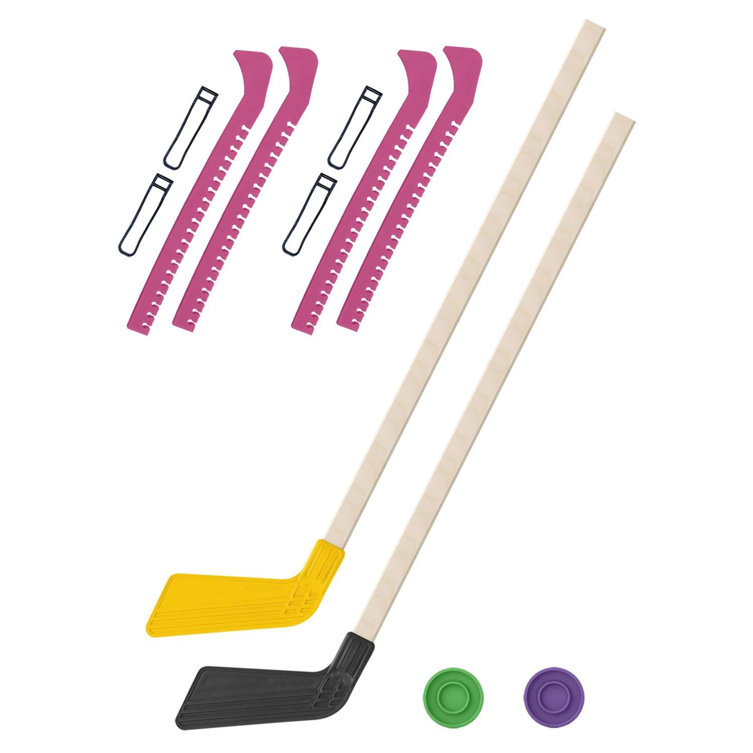 Набор для хоккея Задира Клюшка хоккейная детская 2 шт 80 см + 2 шайбы + Чехлы для коньков розовые 2 шт - фото 1