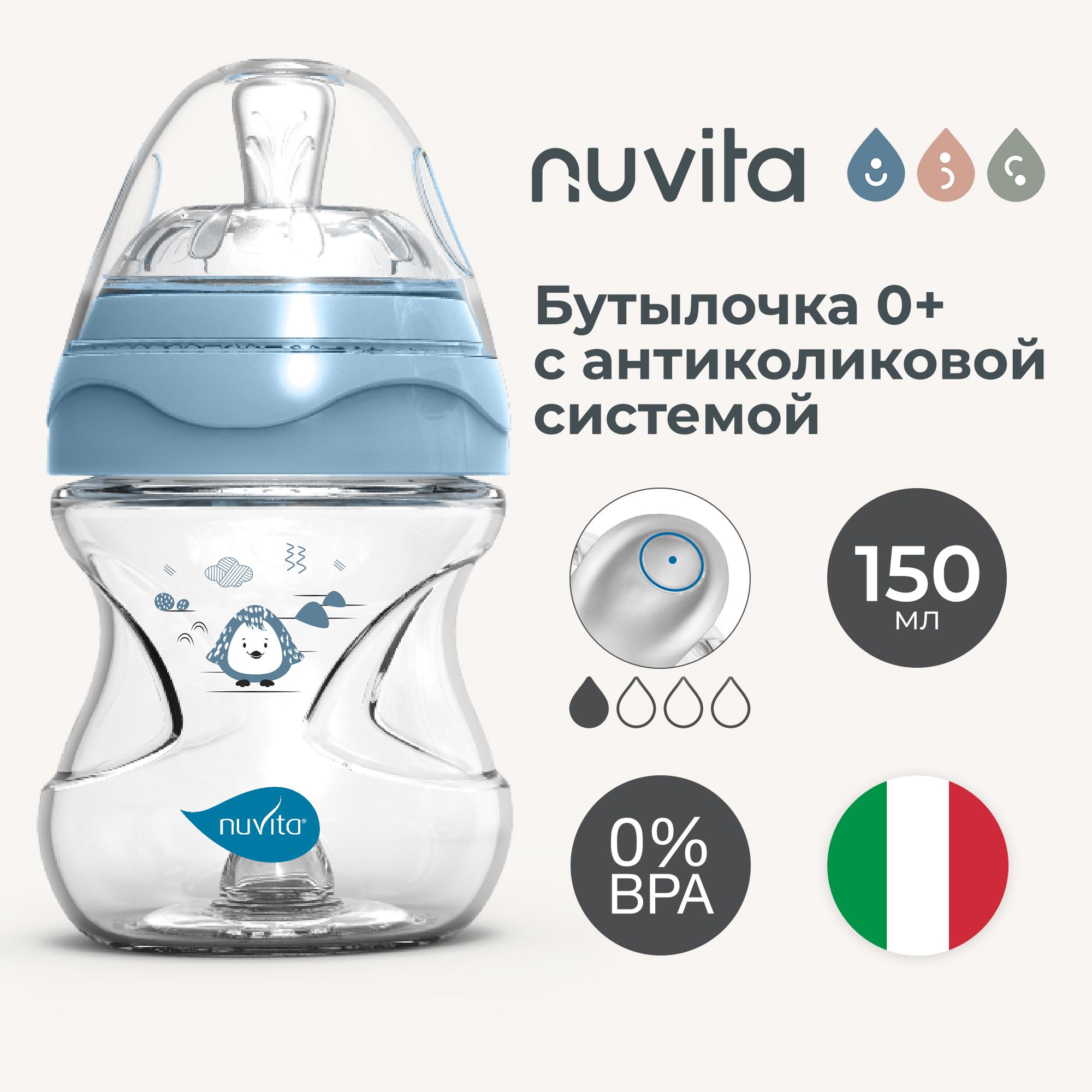 Бутылочка антиколиковая Nuvita Materno Feel пластиковая с медленным потоком 150 мл голубая - фото 1