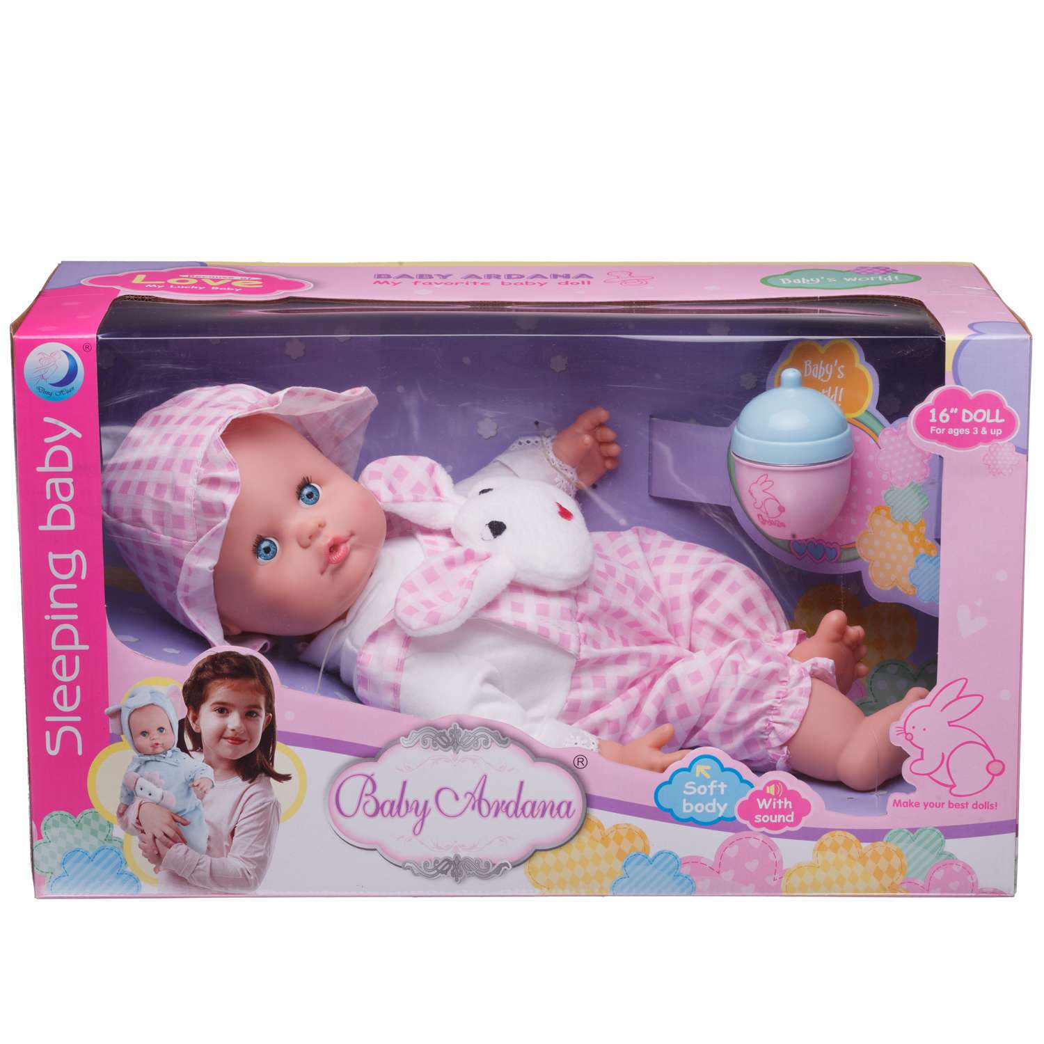 Кукла-пупс ABTOYS Baby Ardana 40см в конбинезоне Зайчик с бутылочкой в коробке WJ-B8776 - фото 1