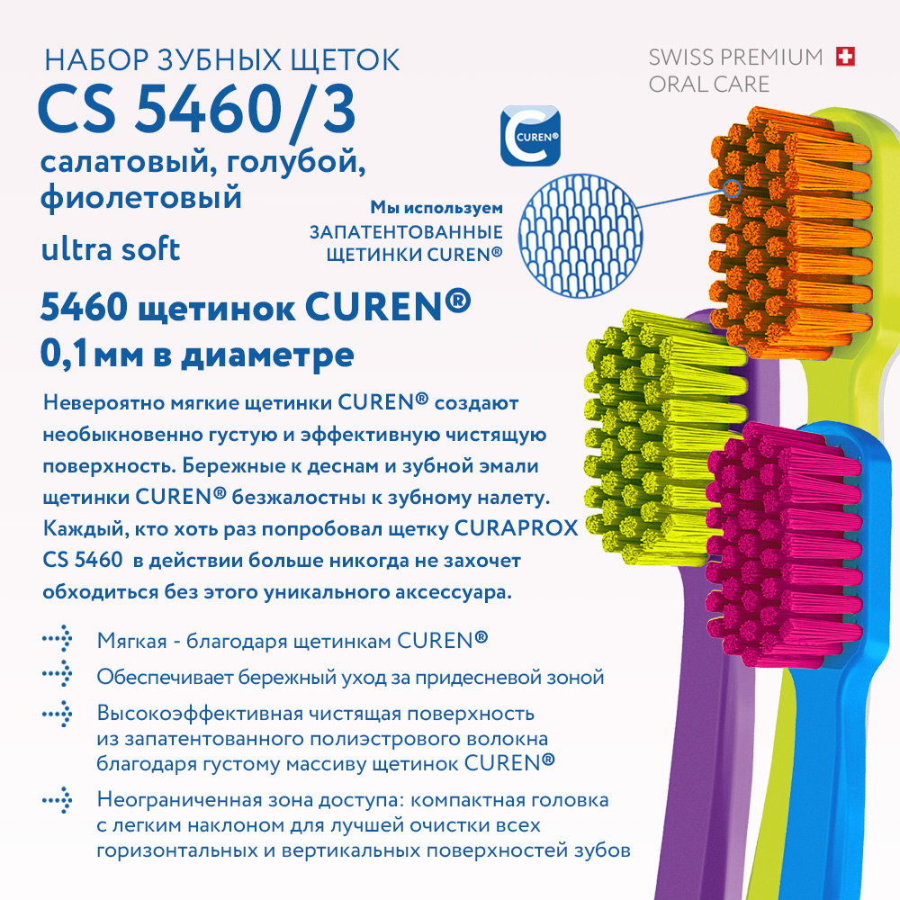 Набор зубных щеток Curaprox ultrasoft 3 шт салатовый-голубой-фиолетовый - фото 6