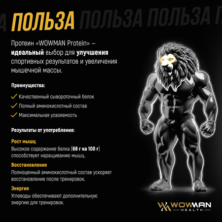 Протеин WowMan WMNN1030 Whey Protein сывороточный коктейль для похудения и мышц 900 гр со вкусом клубники