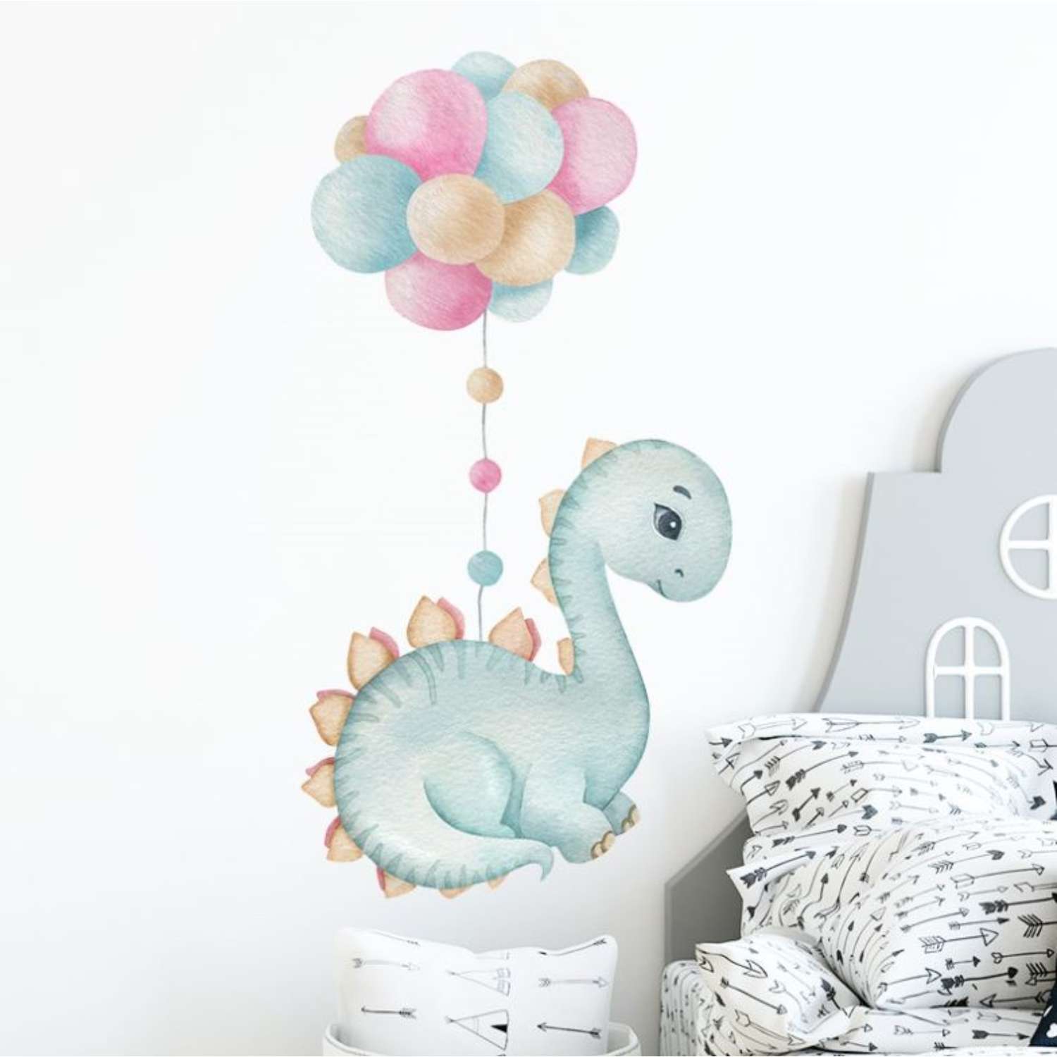 Наклейка Zabiaka пластик интерьерная цветная «Динозаврик голубой с воздушными шарами» 30х60 см - фото 1