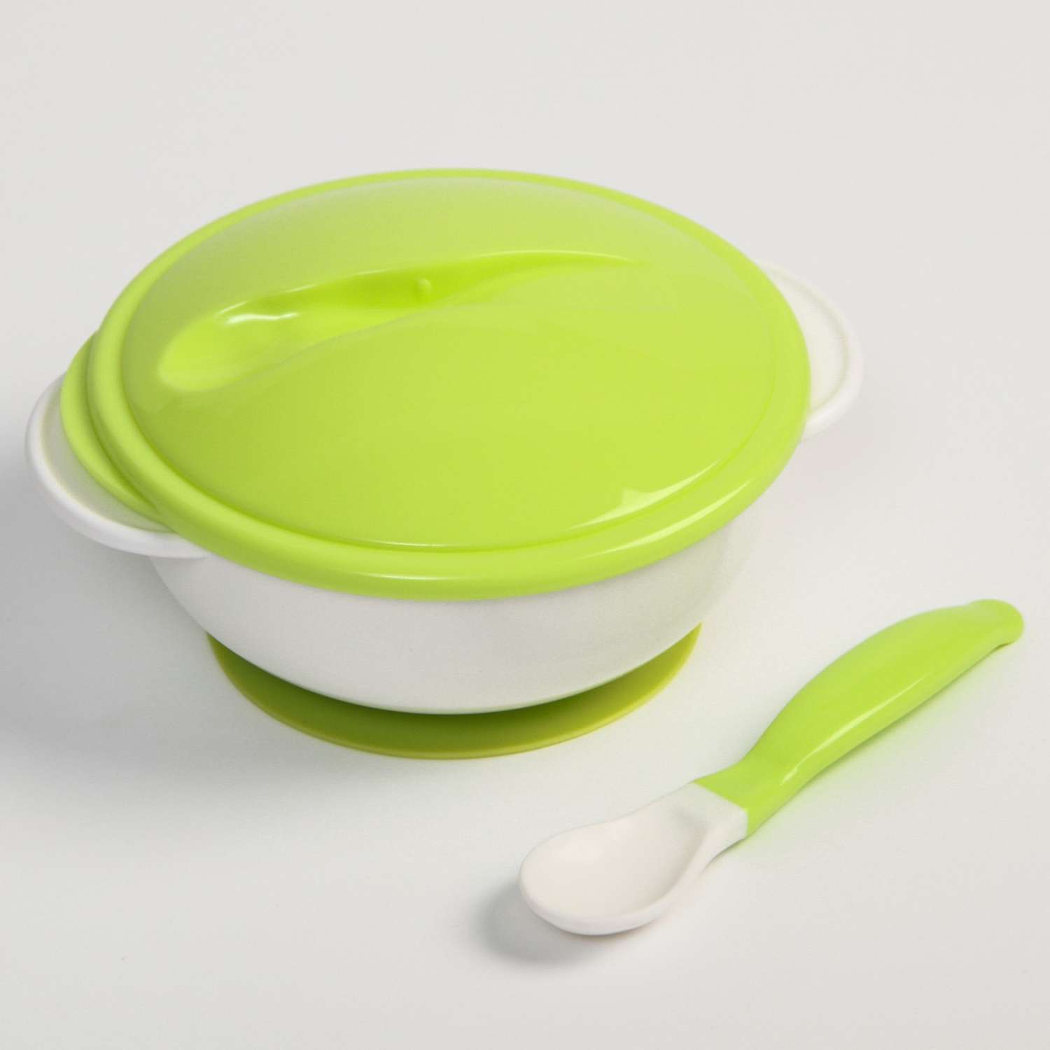 Набор детской посуды Крошка Я на присоске 400 мл с крышкой ложка цвет белый/зеленый - фото 2