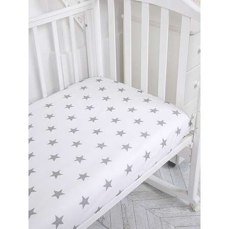 Простынь на резинке в кроватку Baby Nice Звезды на белом 60х120 бязь