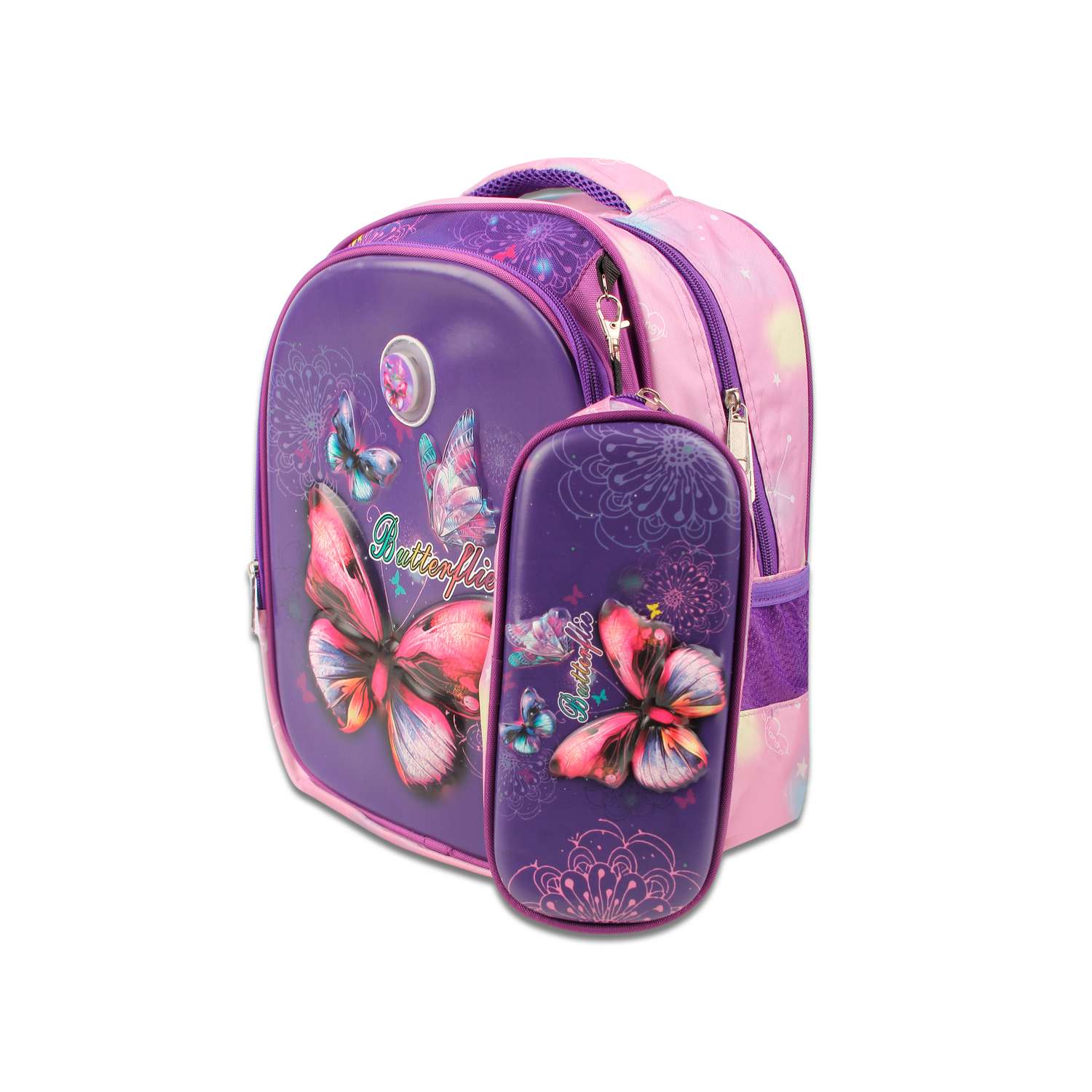 Рюкзак школьный с пеналом Little Mania Бабочки фиолетовый - фото 3