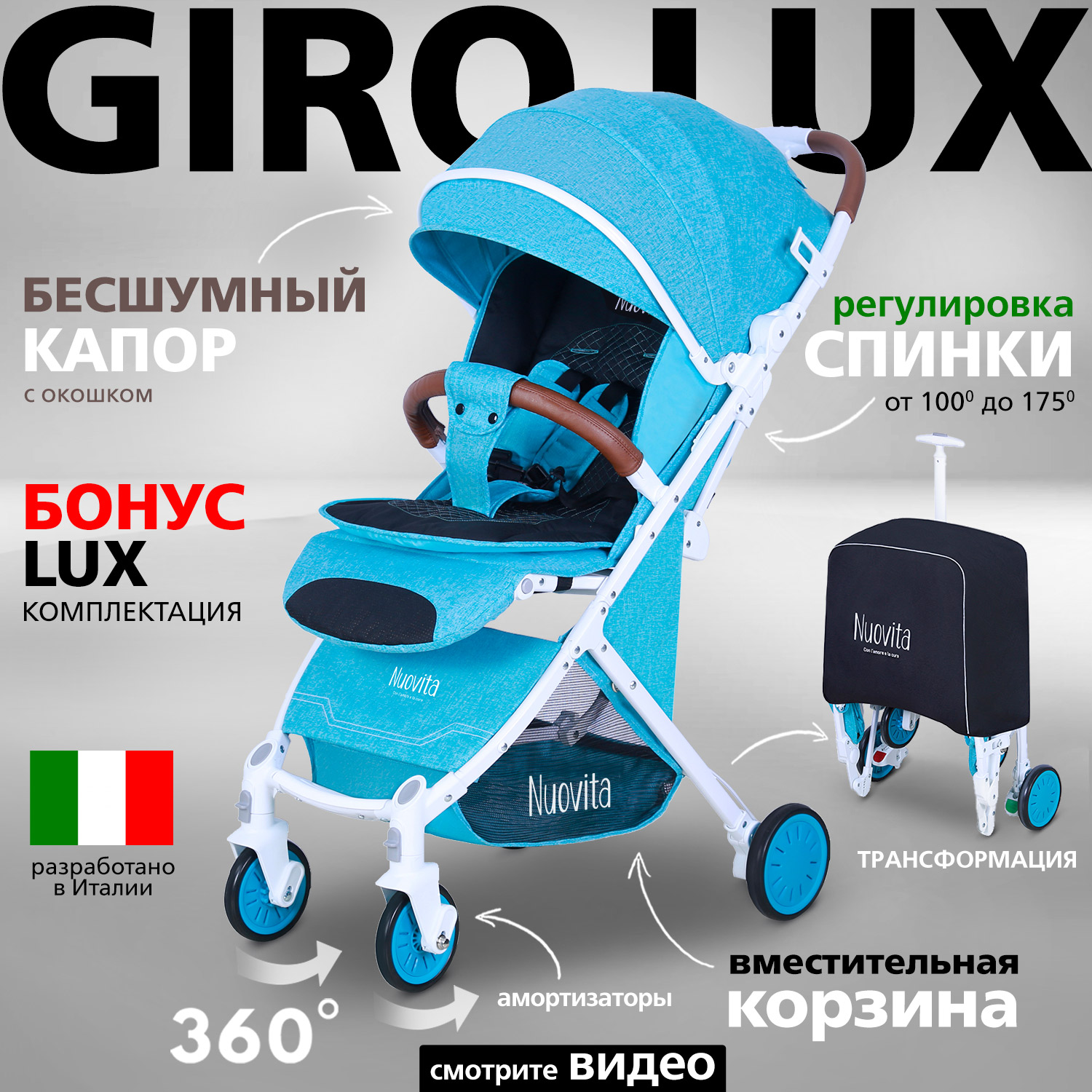 Коляска прогулочная Nuovita Giro Lux Мята-Белый - фото 2