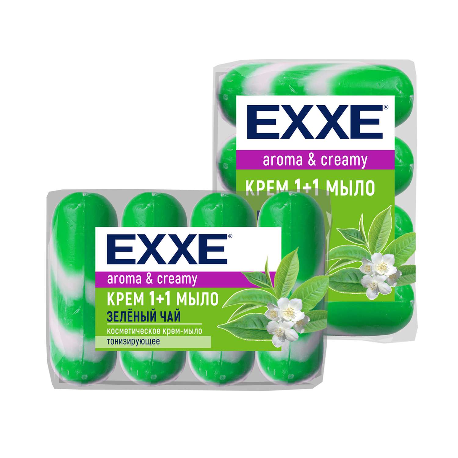 Крем-мыло EXXE Зеленый чай 4шт 90г зеленое полосатое Экопак - фото 1