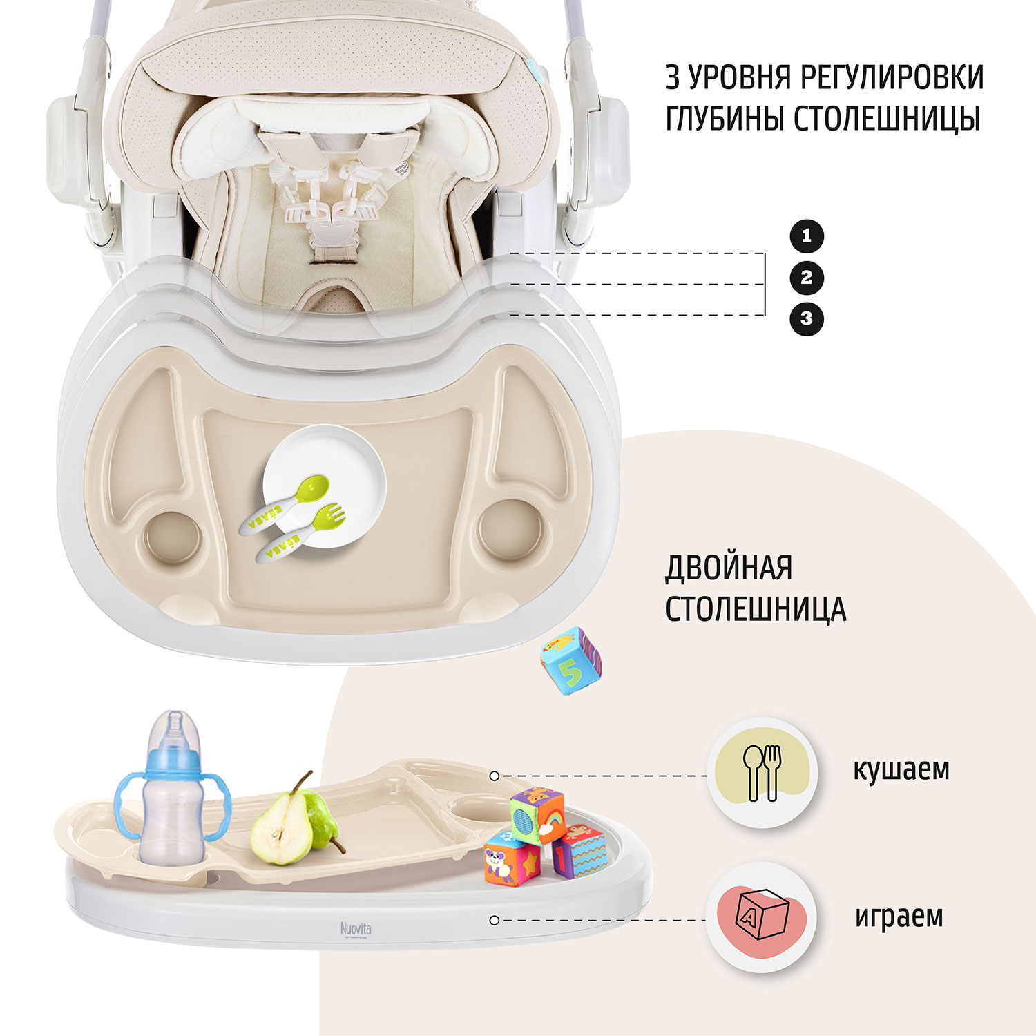 Стул-шезлонг для кормления Nuovita Tutela с перфорацией Латте - фото 6