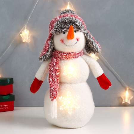 Кукла интерьерная Зимнее волшебство «Снеговичок в шапке-ушанке с бамбошкой» 40х21х12 см