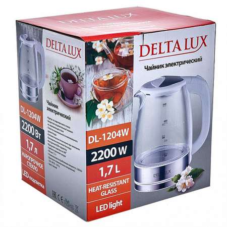 Электрический чайник Delta Lux DL-1204W корпус из жаропрочного стекла белый 2200 Вт