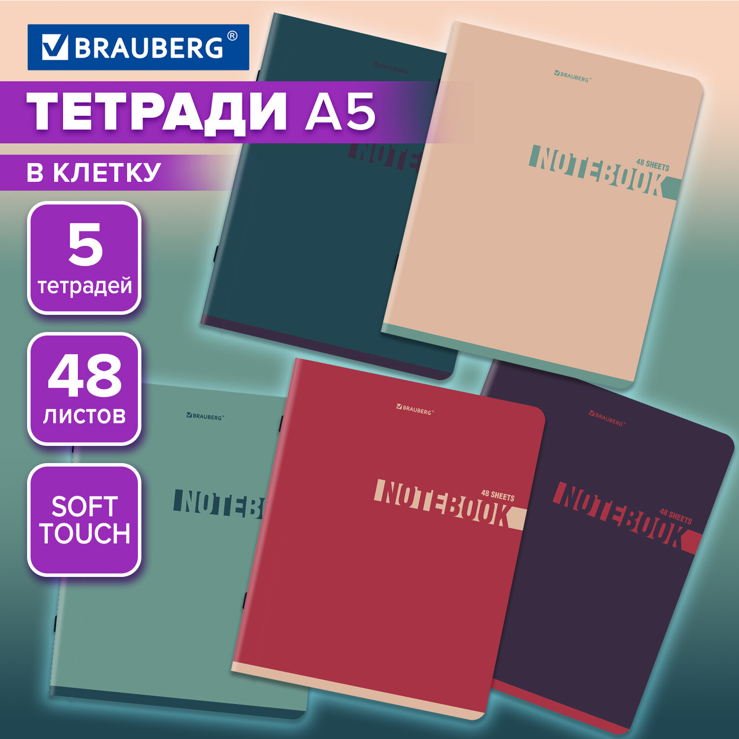 Тетрадь Brauberg А5 в клетку 48 листов для записей набор 5 штук - фото 1