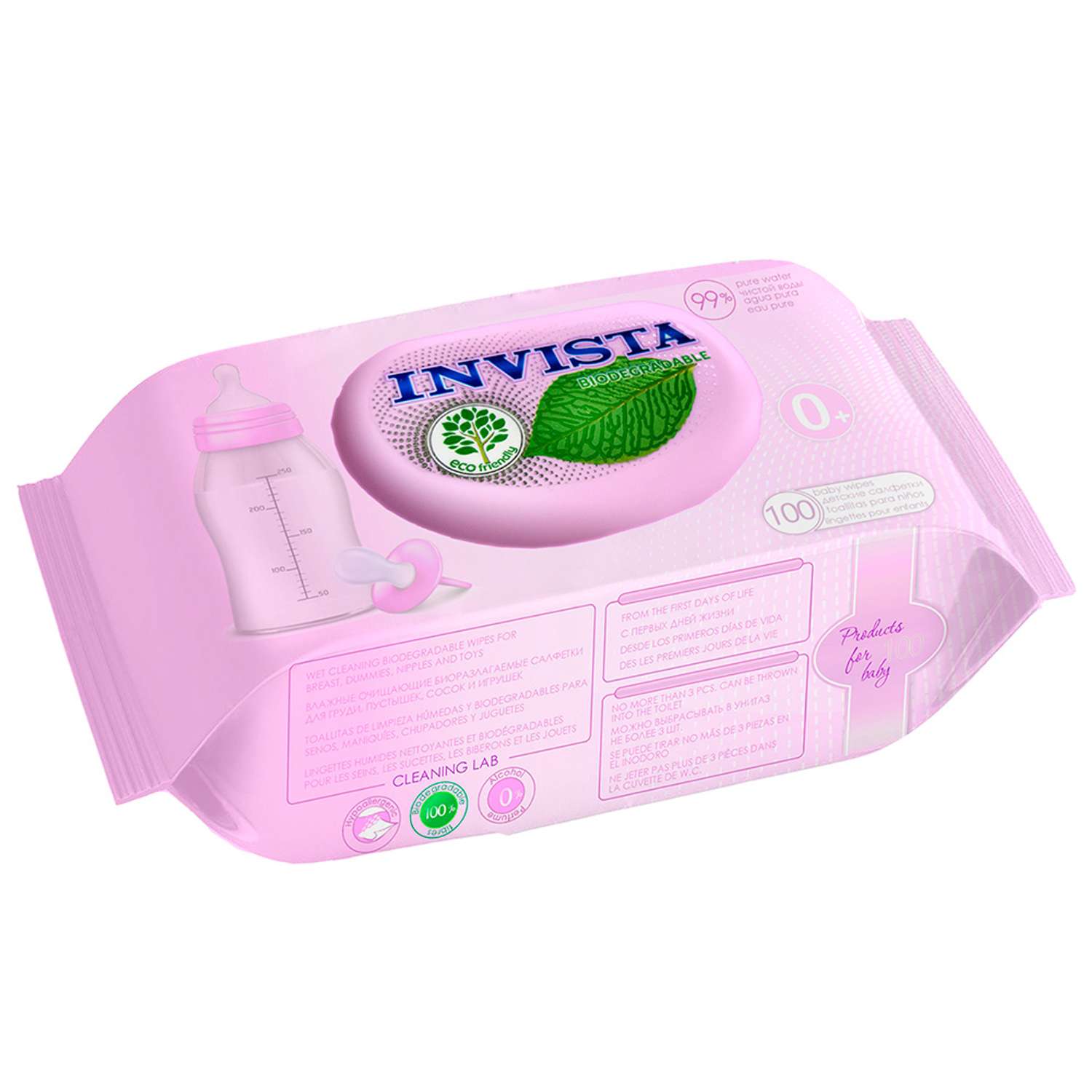 Салфетки детские влажные Invista Invista Bio Pink с первых дней жизни с клапаном 100 шт - фото 1