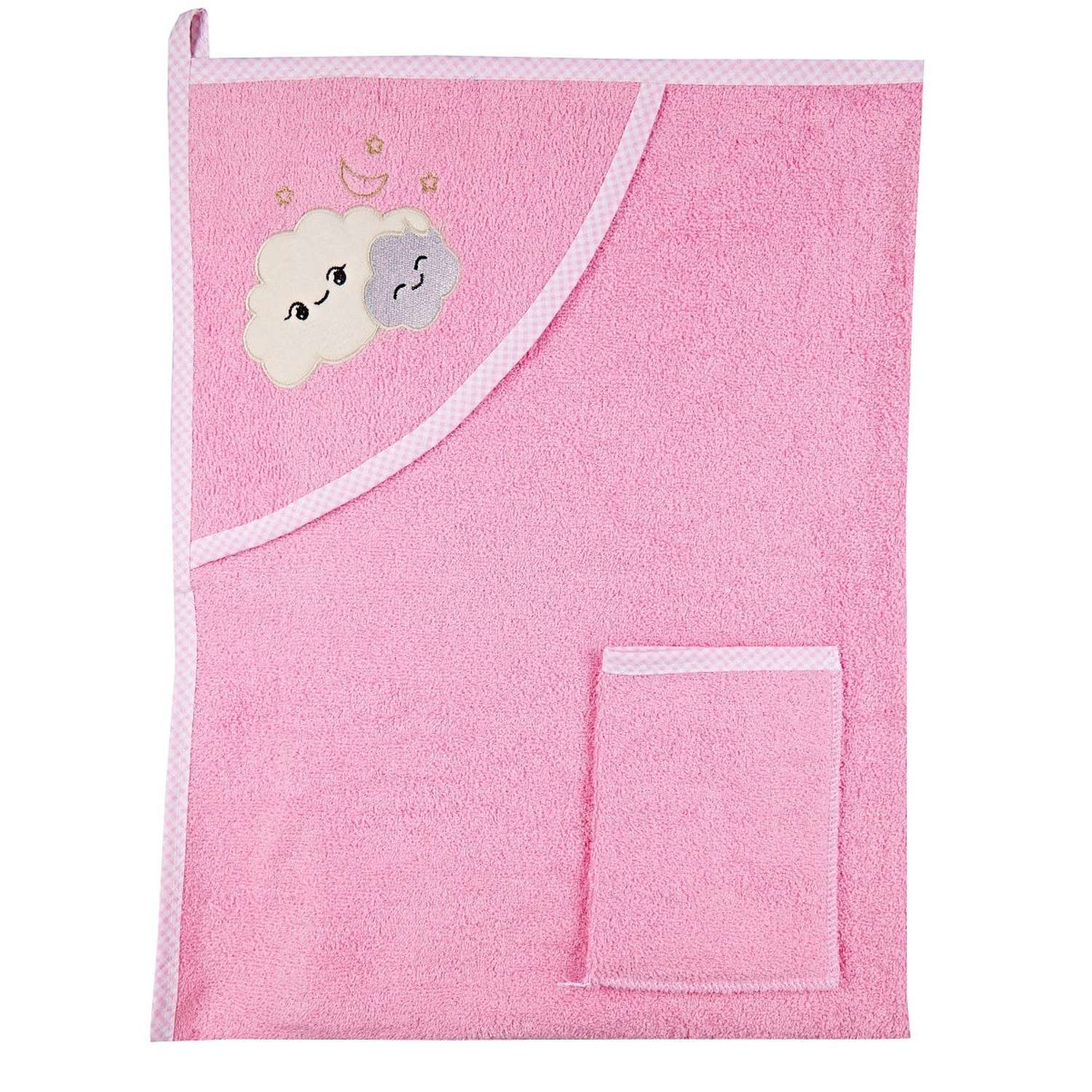 Набор для купания малыша M-BABY махровое полотенце с уголком и рукавичка 100% хлопок мордочка/розовый - фото 1
