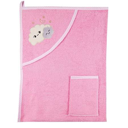 Набор для купания малыша M-BABY махровое полотенце с уголком и рукавичка 100% хлопок мордочка/розовый
