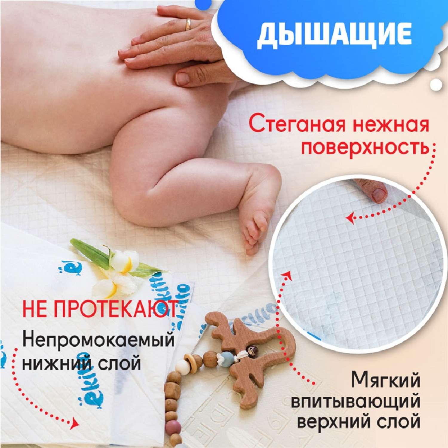 Пеленки одноразовые Ekitto для новорожденных впитывающие 60х60 30шт - фото 4