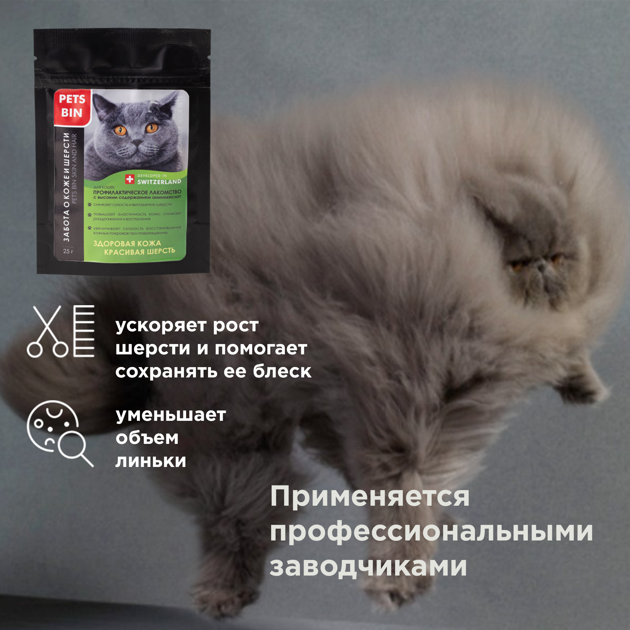 Лакомство для кошек PETS BIN Skin and Hair для кожи и шерсти с коллагеном 1  2 и 3 типа 25 г