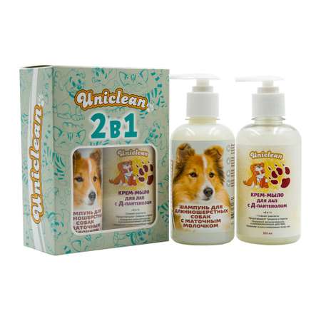 Подарочный набор Uniclean шампунь для длинношерстных собак с маточным молочком и крем-мыло для лап с д-пантенолом