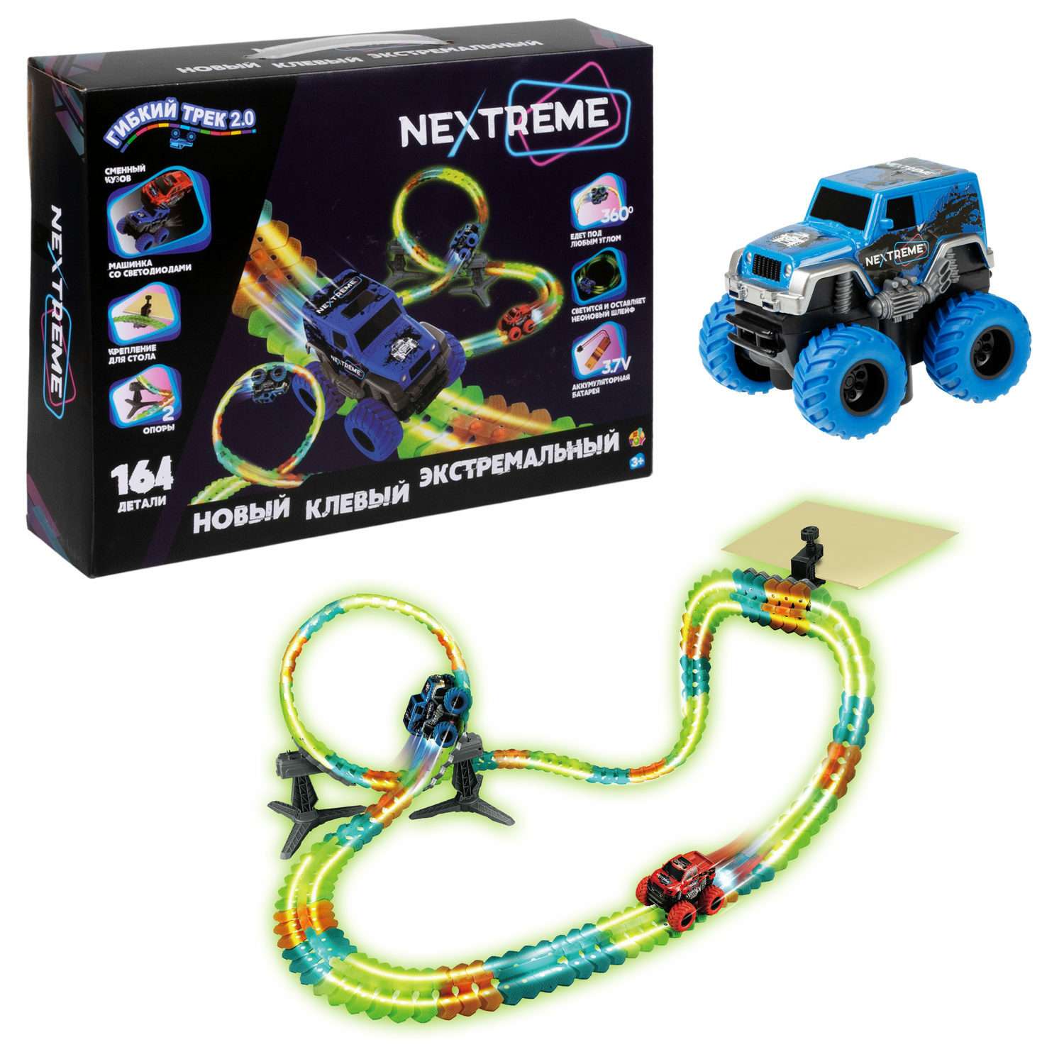 Гибкий трек с машинкой 1TOY Nextreme светящийся гоночная трасса дорога автотрек игрушки для мальчиков 164 детали Т23874 - фото 2