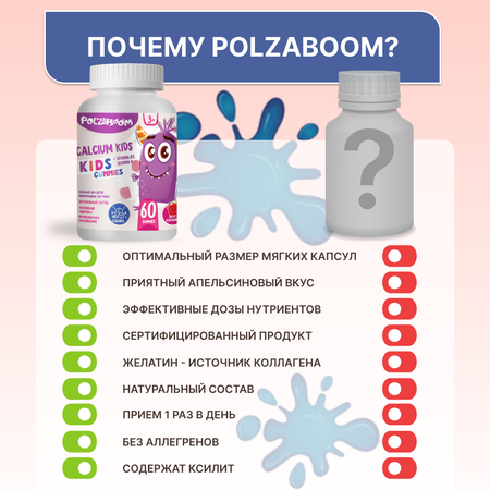 Кальций Д3 для детей POLZABOOM 60 мармеладных пастилок. Для костей и зубов. Без сахара.