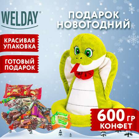 Сладкий новогодний подарок WELDAY для детей символ 2025 набор конфет в мягкой игрушке Зеленоглазка