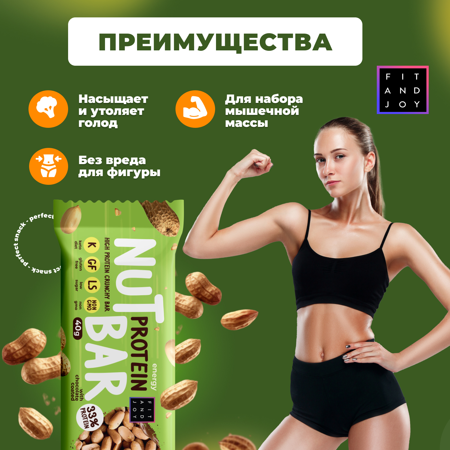 Ореховые Протеиновые батончики FIT AND JOY Арахис набор 16шт *40шт - фото 3