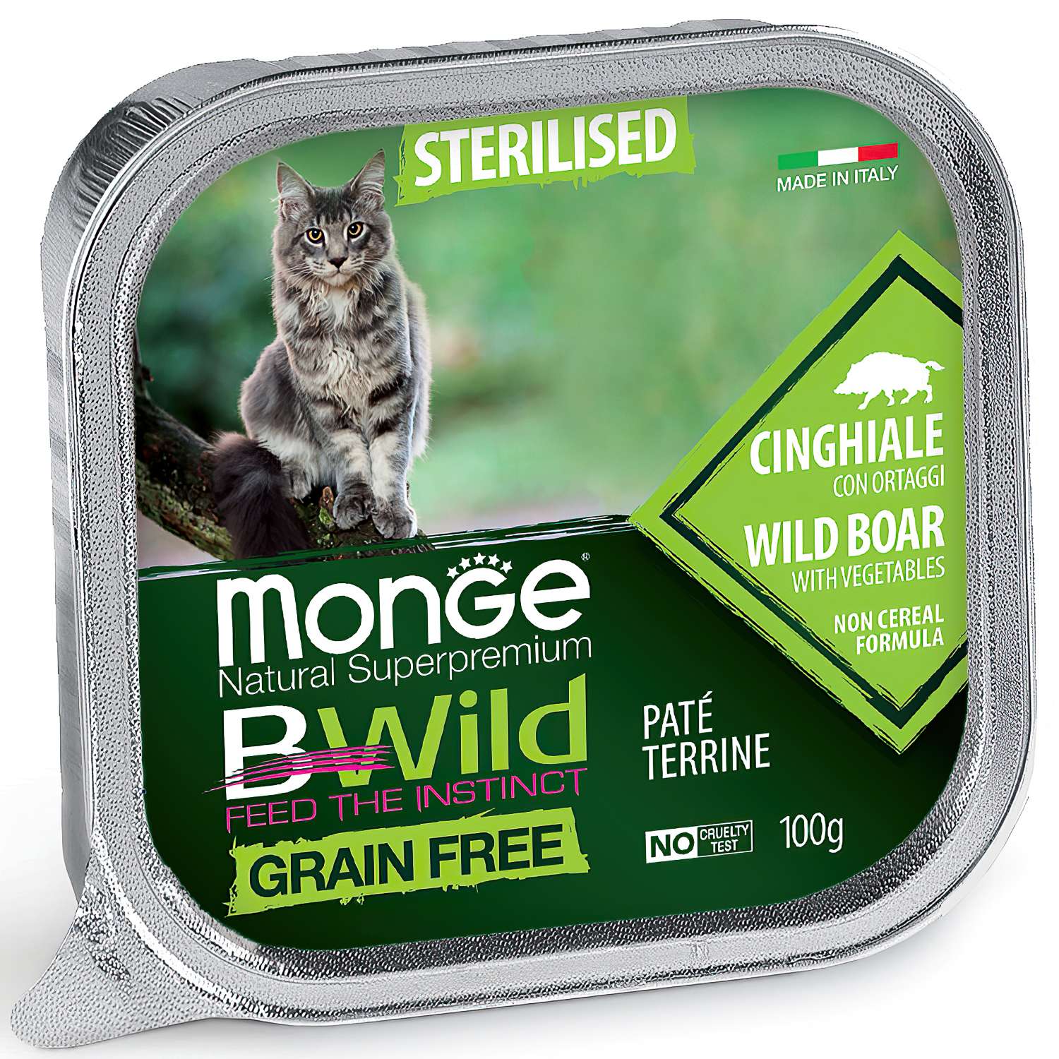 Корм для кошек MONGE BWild Grain free стерилизованных из кабана с овощами консервированный 100г - фото 1