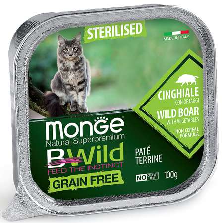 Корм для кошек MONGE BWild Grain free стерилизованных из кабана с овощами консервированный 100г