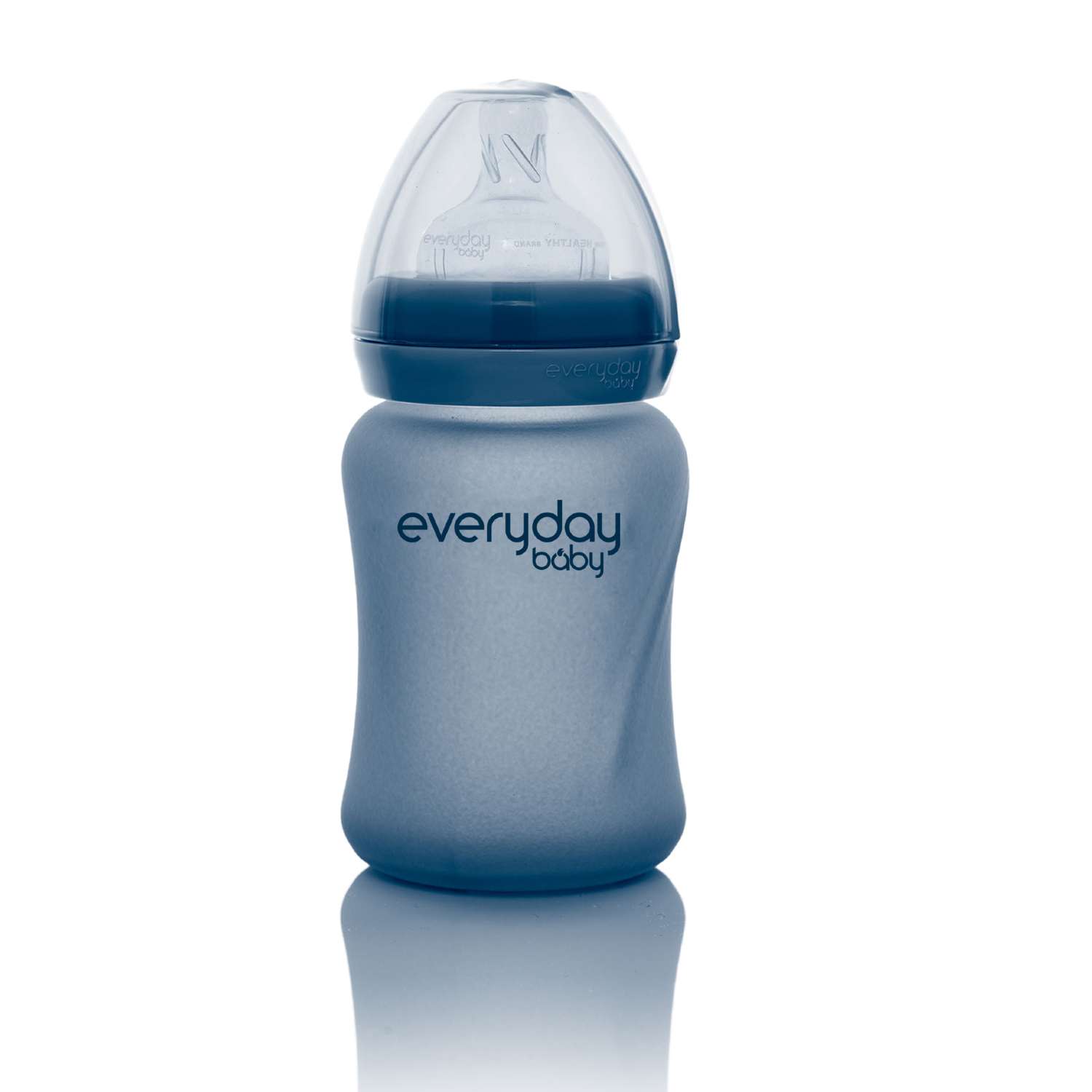 Бутылочка Everyday Baby Healthy стеклянная с индикатором температуры и силиконовым покрытием 150 мл черничный - фото 1