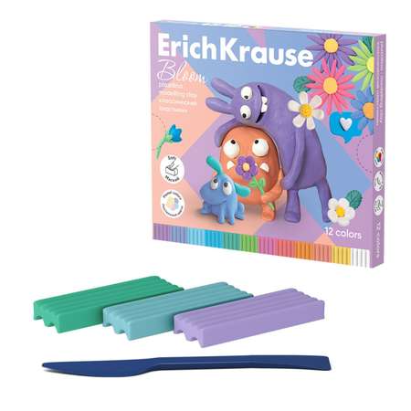 Пластилин ErichKrause 12 цветов 216 г ErichKrause «Jolly Friends Pastel Bloom» со стеком в картонной упаковке